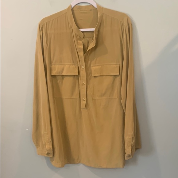 Mustard Yellow Collarless Button-Up Silk Blouse Approx. Women’s Large  or XL - Picture 1 of 6